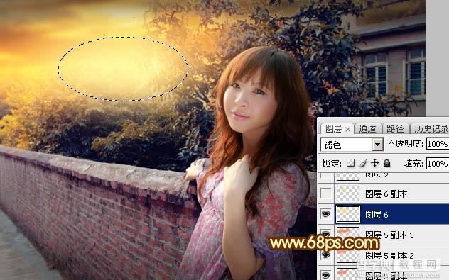 Photoshop调制出橙色霞光色围墙边人物图片40