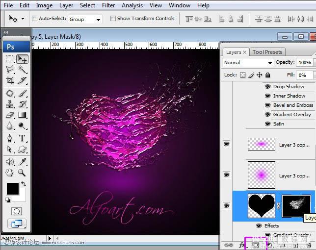 Photoshop设计制作出超酷的紫色喷溅水珠心形效果34