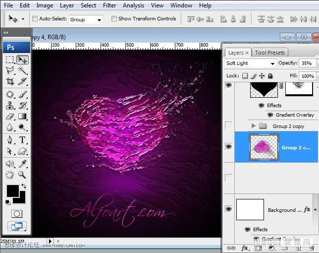 Photoshop设计制作出超酷的紫色喷溅水珠心形效果36