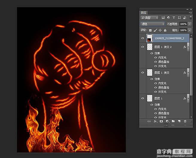Photoshop利用图层样式与叠加工具制作燃烧的烈焰拳头17