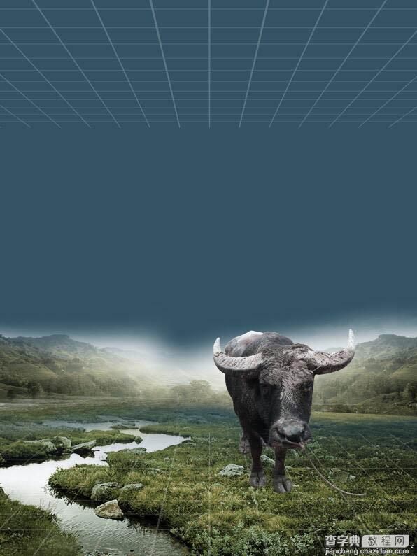 Photoshop制作雨中野外孤独行走的一头牛海报10