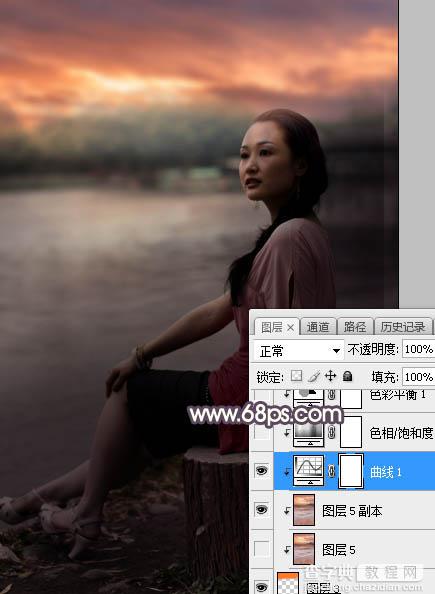 Photoshop调制出暗调暖色晨曦湖边人物图片19