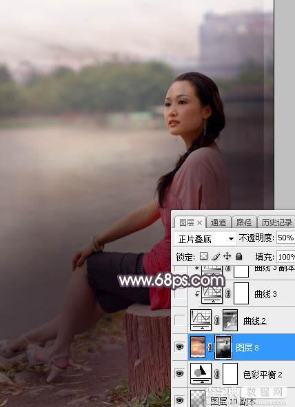 Photoshop调制出暗调暖色晨曦湖边人物图片10