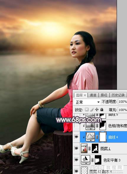 Photoshop调制出暗调暖色晨曦湖边人物图片35