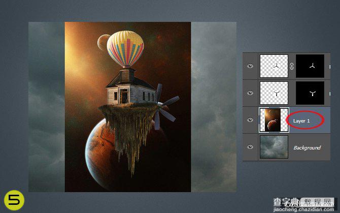 ps合成制作热气球带着房子在空中漂浮的场景9