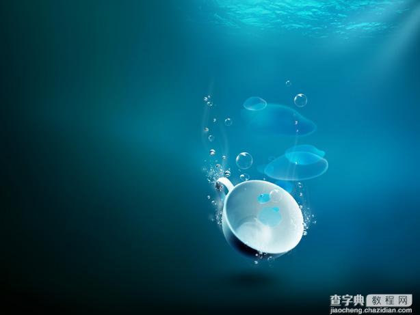 Photoshop设计制作杯子落入水底的背景桌面9