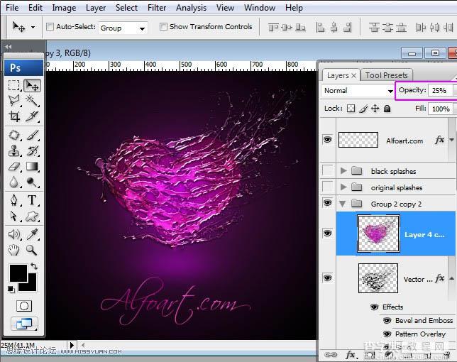 Photoshop设计制作出超酷的紫色喷溅水珠心形效果35