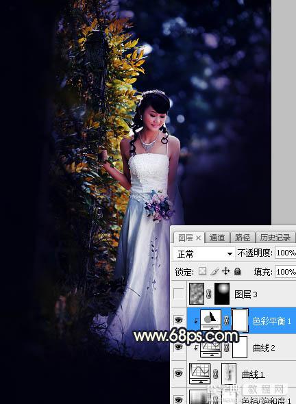 Photoshop调制出秋季暗蓝色逆光效果树边人物图片17