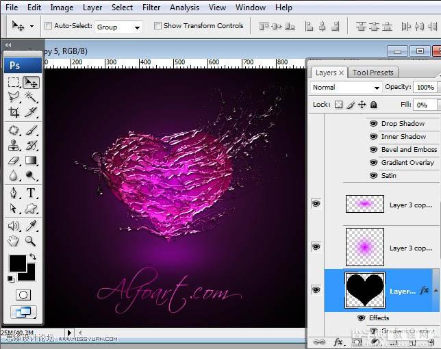 Photoshop设计制作出超酷的紫色喷溅水珠心形效果31