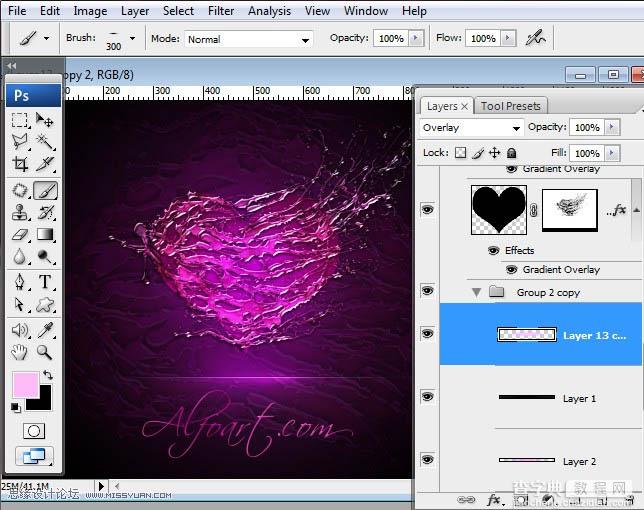 Photoshop设计制作出超酷的紫色喷溅水珠心形效果41