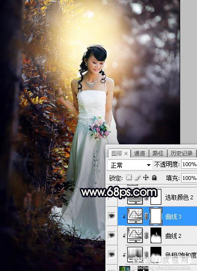 Photoshop调制出唯美的暖色逆光树木边的人物图片30