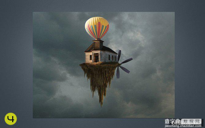 ps合成制作热气球带着房子在空中漂浮的场景8