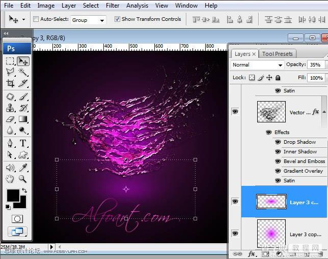Photoshop设计制作出超酷的紫色喷溅水珠心形效果30