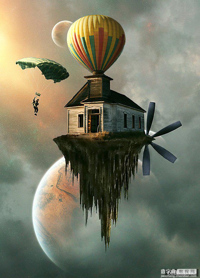 ps合成制作热气球带着房子在空中漂浮的场景1