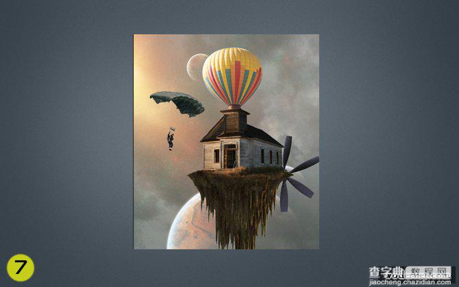 ps合成制作热气球带着房子在空中漂浮的场景11