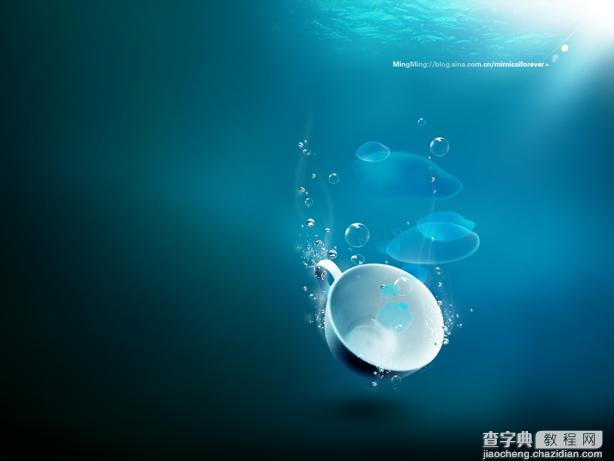 Photoshop设计制作杯子落入水底的背景桌面10