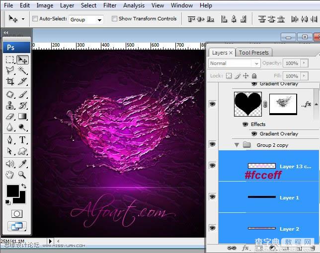 Photoshop设计制作出超酷的紫色喷溅水珠心形效果38