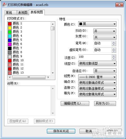 2012AutoCAD打印样式表编辑器表格视图无颜色/无法更改的方法4