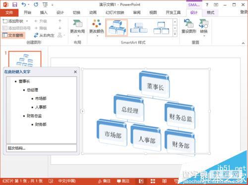 ppt2013中怎么使用SmartArt绘制公司内部组织结构图?1