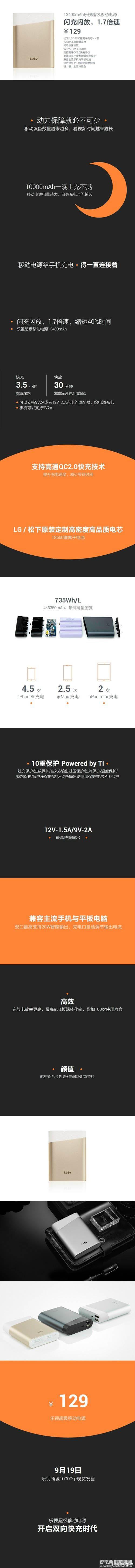 乐视13400mAh超级移动电源发布 只卖129元1