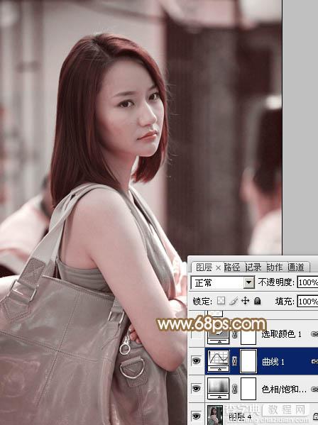 Photoshop为偏暗的街景美女加上韩系淡红色9