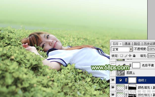 Photoshop将草地上的美女图片增加唯美的春季粉绿色23