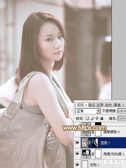 Photoshop为偏暗的街景美女加上韩系淡红色27