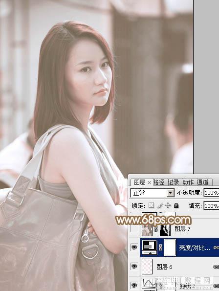 Photoshop为偏暗的街景美女加上韩系淡红色26