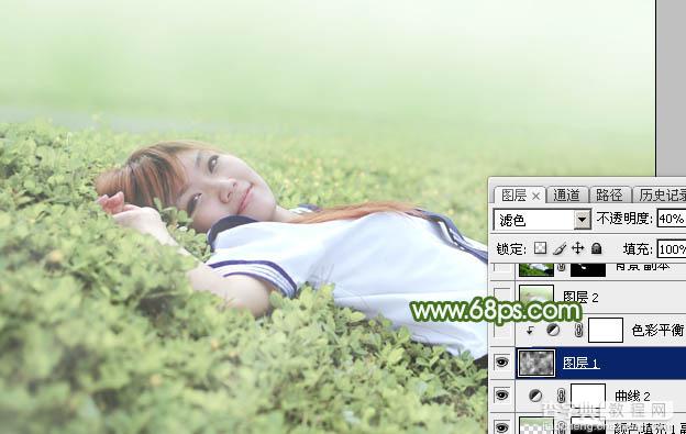 Photoshop将草地上的美女图片增加唯美的春季粉绿色24