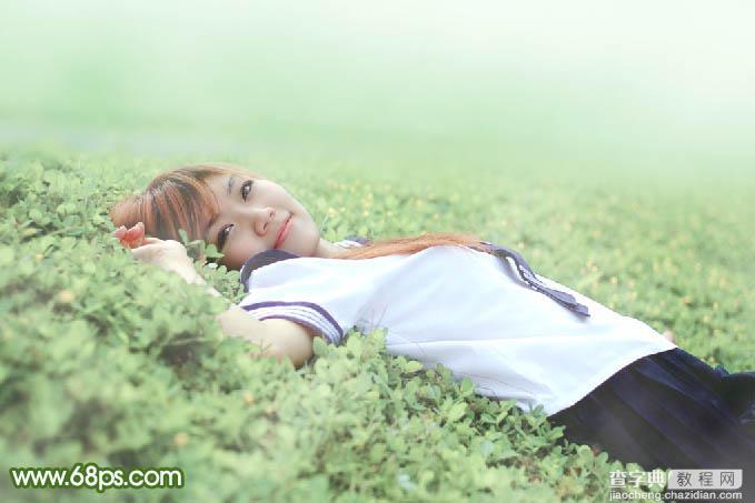 Photoshop将草地上的美女图片增加唯美的春季粉绿色32
