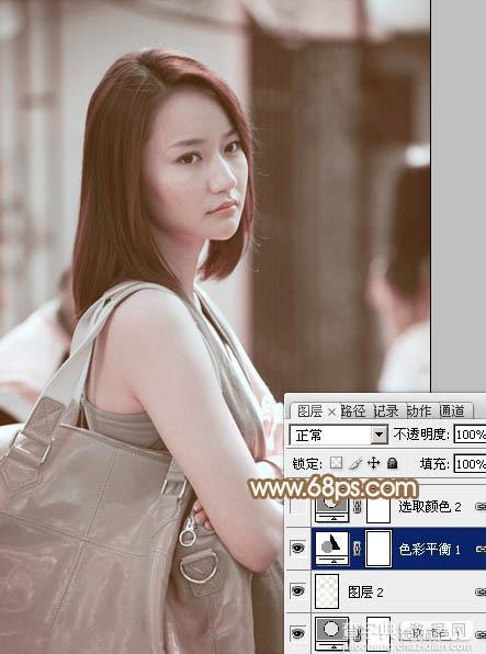 Photoshop为偏暗的街景美女加上韩系淡红色18