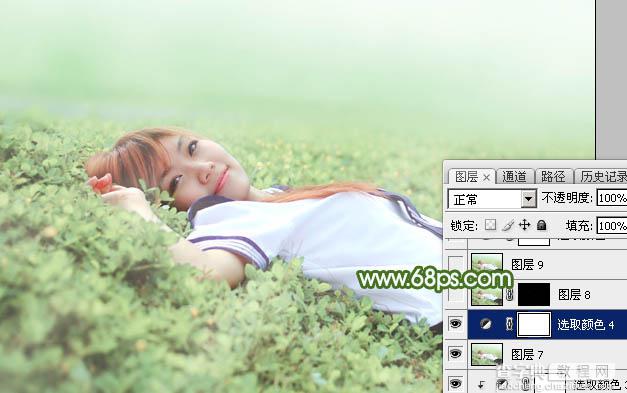 Photoshop将草地上的美女图片增加唯美的春季粉绿色40