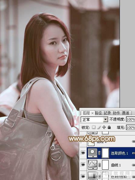 Photoshop为偏暗的街景美女加上韩系淡红色13