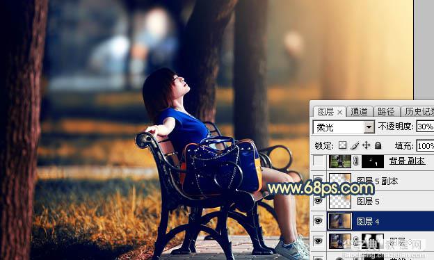 Photoshop为公园长椅上的美女调制出唯美的晨曦暖色45