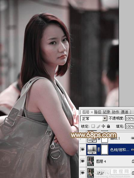 Photoshop为偏暗的街景美女加上韩系淡红色5