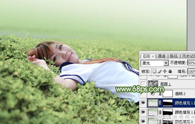Photoshop将草地上的美女图片增加唯美的春季粉绿色18