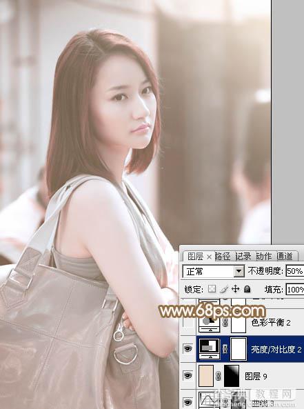 Photoshop为偏暗的街景美女加上韩系淡红色33