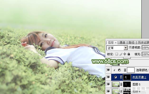 Photoshop将草地上的美女图片增加唯美的春季粉绿色30