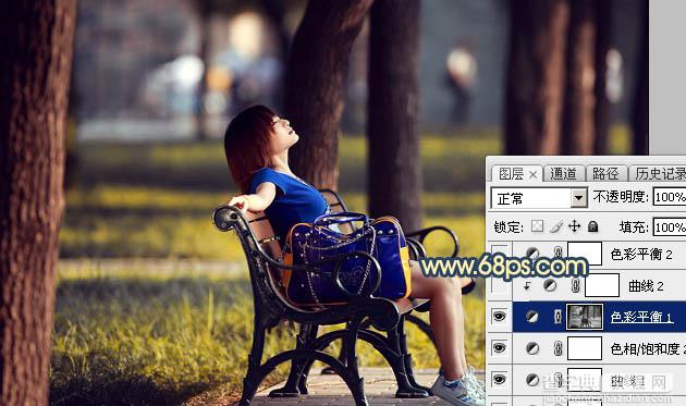 Photoshop为公园长椅上的美女调制出唯美的晨曦暖色20