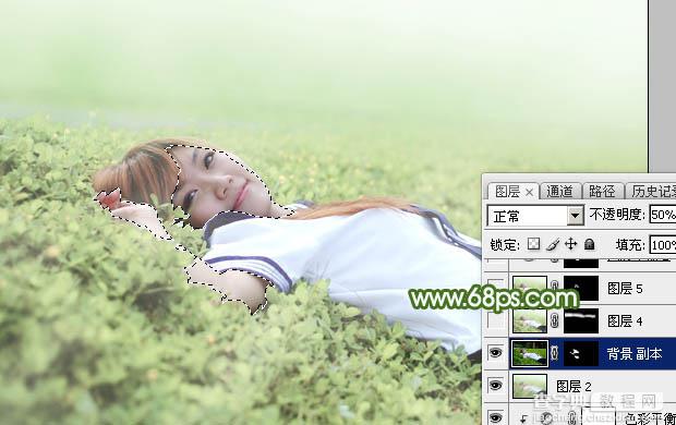 Photoshop将草地上的美女图片增加唯美的春季粉绿色29