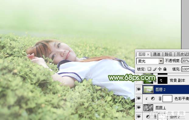 Photoshop将草地上的美女图片增加唯美的春季粉绿色28