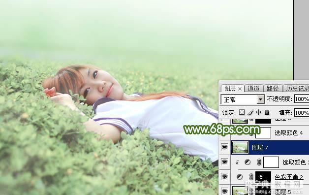 Photoshop将草地上的美女图片增加唯美的春季粉绿色35