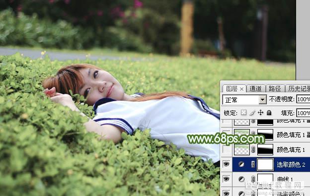 Photoshop将草地上的美女图片增加唯美的春季粉绿色14