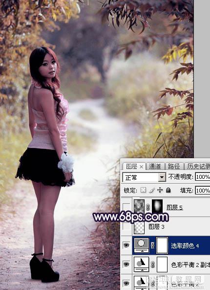 Photoshop调制出暗调秋季蓝紫色树林人物图片34