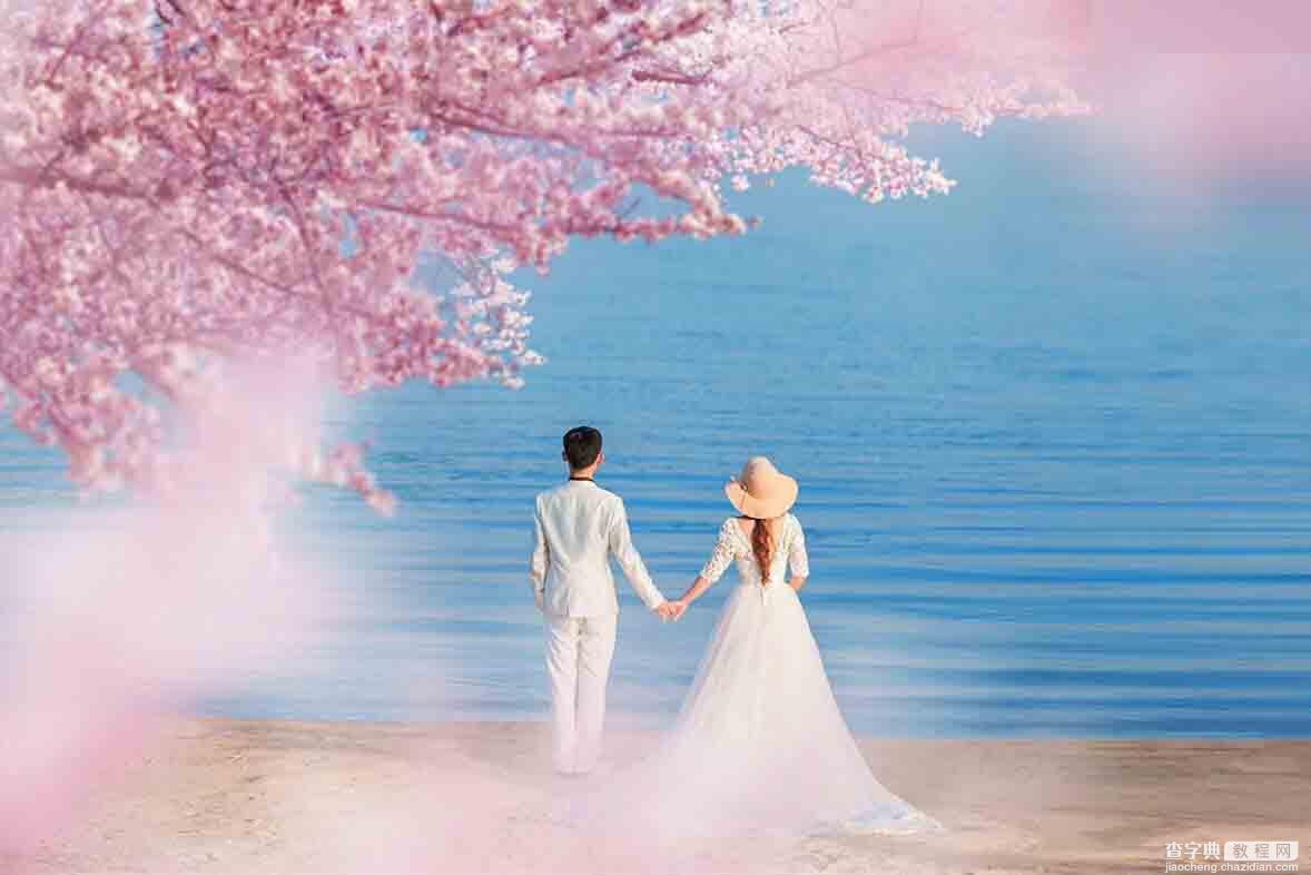 Photoshop合成唯美的樱花树下面朝大海的婚片美景8