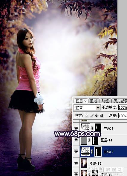 Photoshop调制出暗调秋季蓝紫色树林人物图片49
