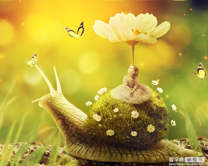PS合成童话中坐在蜗牛上的小花仙子1