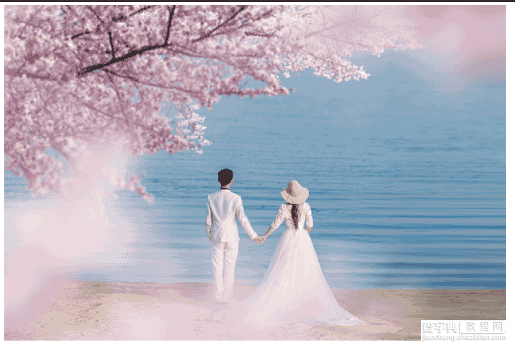 Photoshop合成唯美的樱花树下面朝大海的婚片美景5