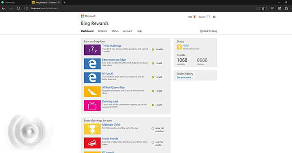 微软福利 使用Win10 Edge浏览器将获得Bing Rewards积分2