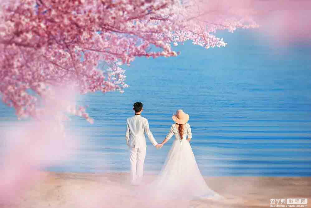 Photoshop合成唯美的樱花树下面朝大海的婚片美景11